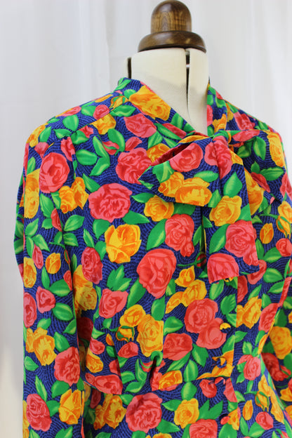 Exquisite Vintage Blouse - Blue with Pink and Yellow Flowers - Size 12