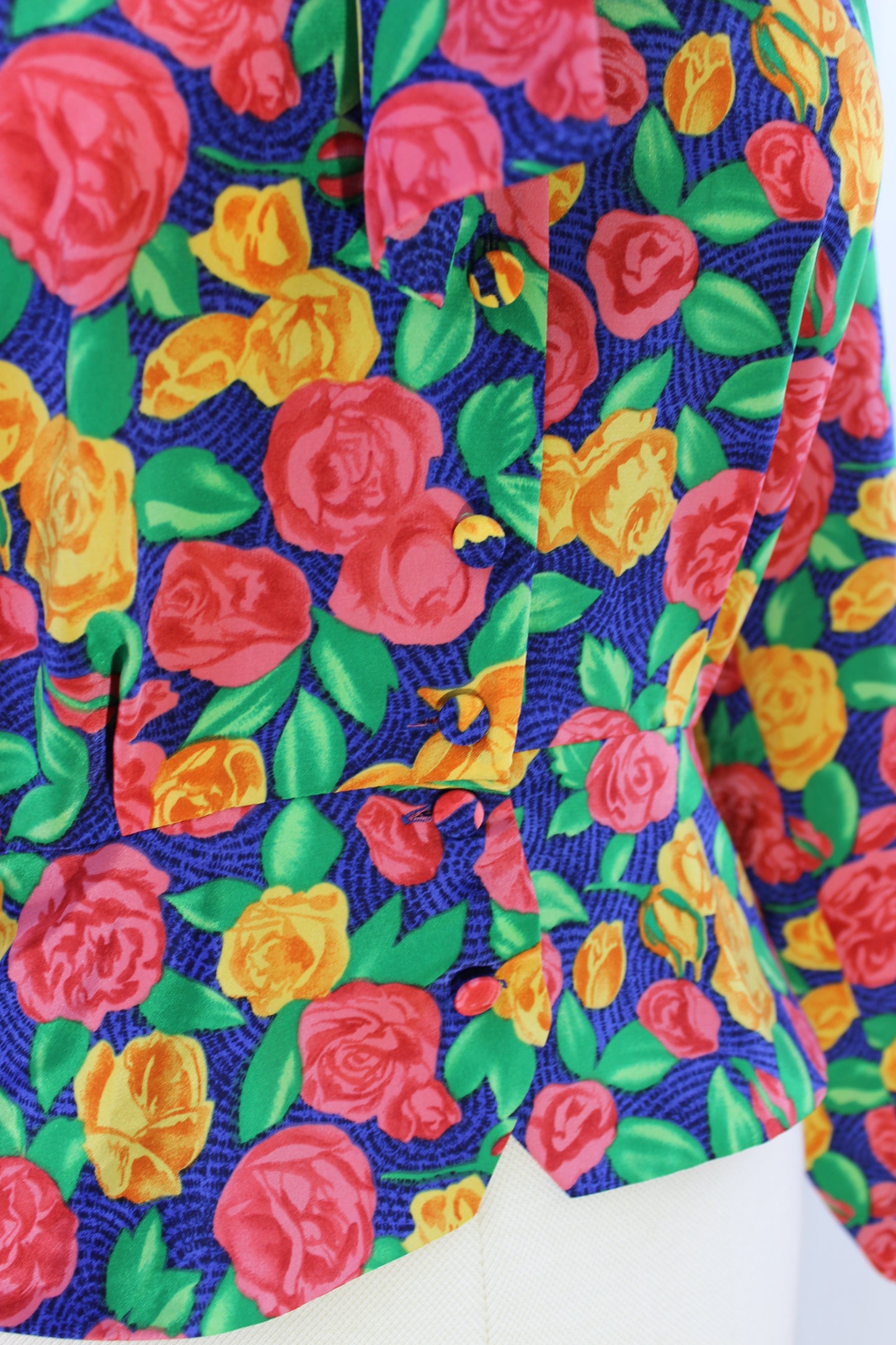 Exquisite Vintage Blouse - Blue with Pink and Yellow Flowers - Size 12