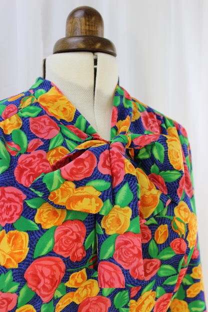 Exquisite Vintage Blouse - Blue with Pink and Yellow Flowers - Size 12