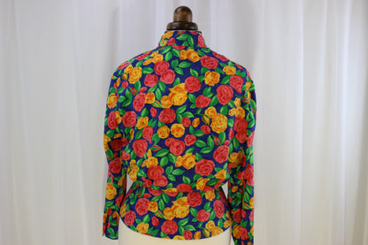 Exquisite Vintage Blouse - Blue with Pink and Yellow Flowers - Size 12