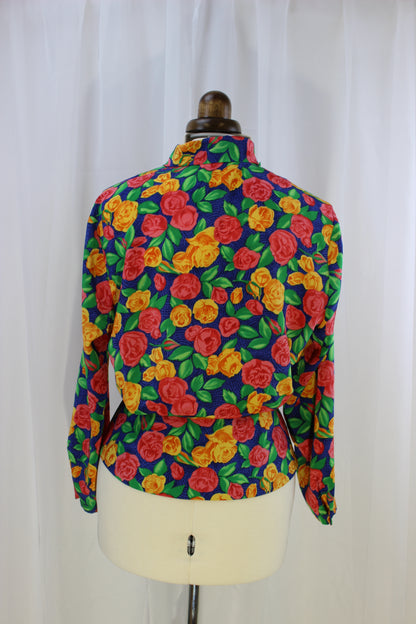 Exquisite Vintage Blouse - Blue with Pink and Yellow Flowers - Size 12