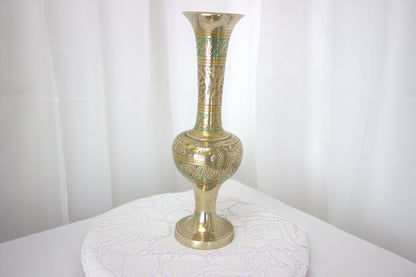 Stunning Vintage Brass Hand-Etched Vase - 12 inches tall