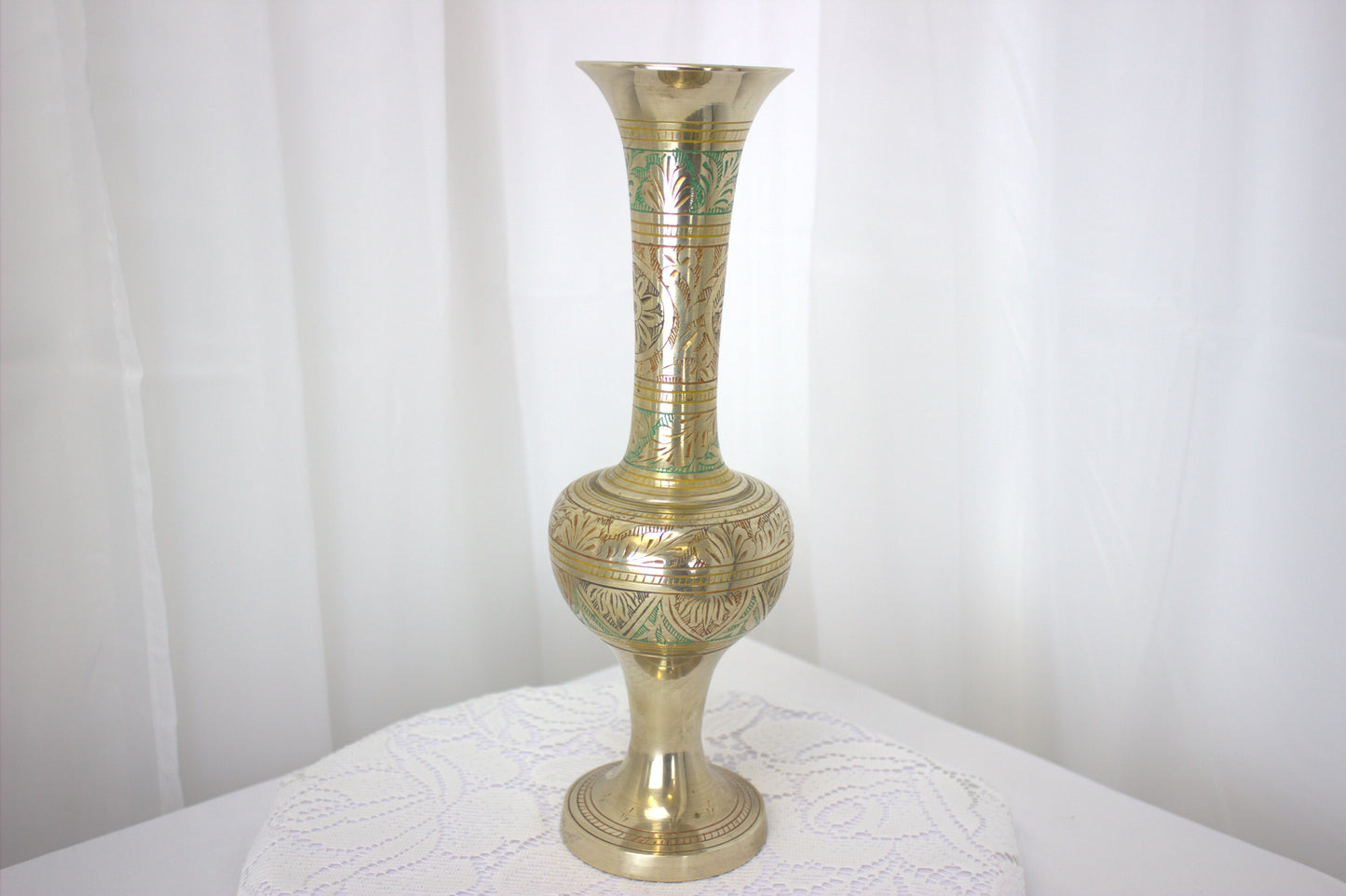 Stunning Vintage Brass Hand-Etched Vase - 12 inches tall