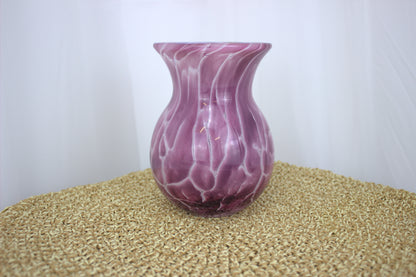 Stunning and Heavy Purple Hand-Blown Glass Vase with Marbled White Pattern