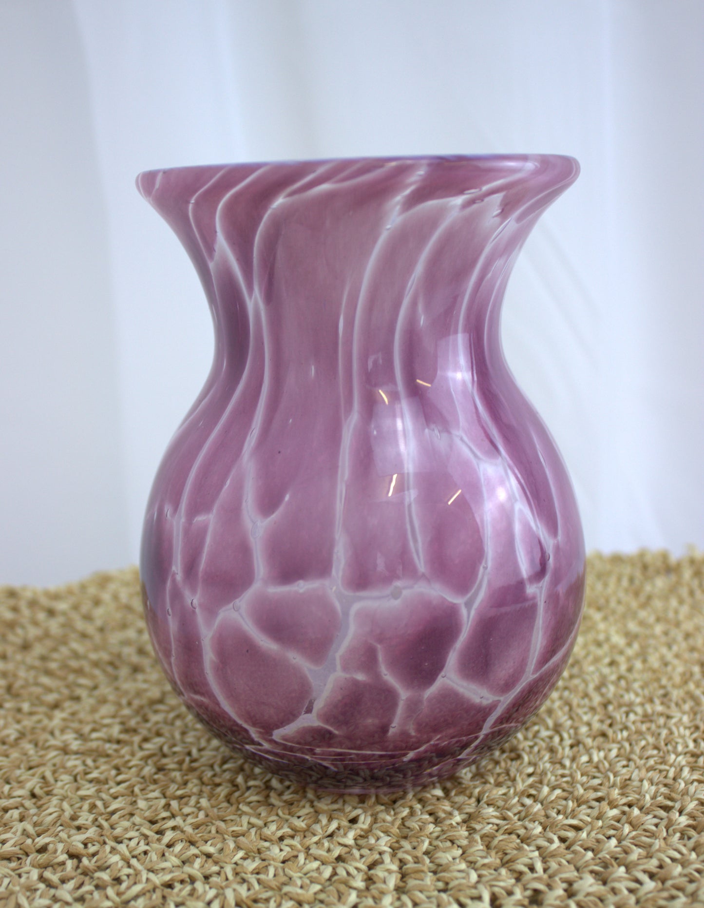 Stunning and Heavy Purple Hand-Blown Glass Vase with Marbled White Pattern