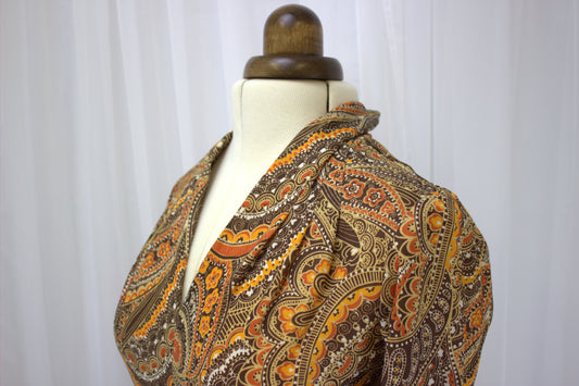 Stunning Vintage 70s Brown and Orange Paisley Swing Dress - Size 14