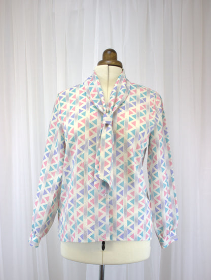 Vintage 80s Geometric Button-Down Bow Shirt - Size 10