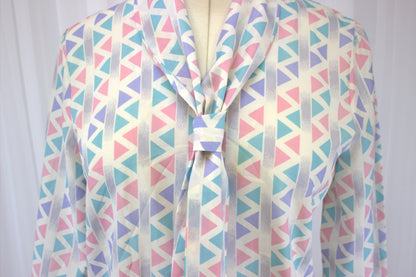 Vintage 80s Geometric Button-Down Bow Shirt - Size 10