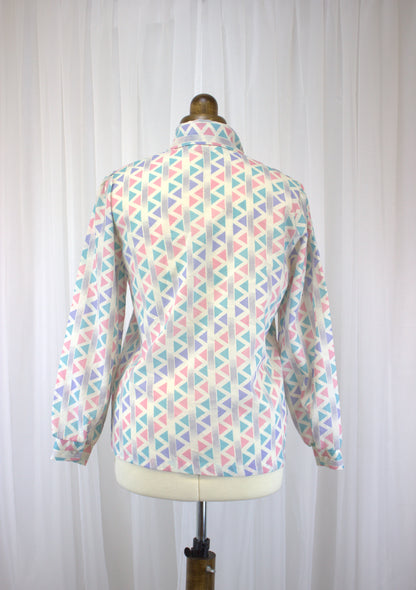 Vintage 80s Geometric Button-Down Bow Shirt - Size 10