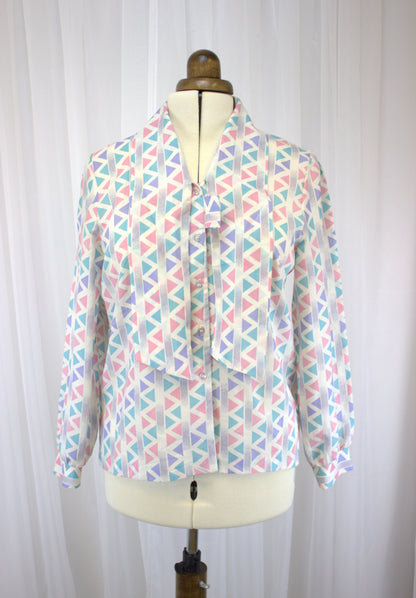 Vintage 80s Geometric Button-Down Bow Shirt - Size 10