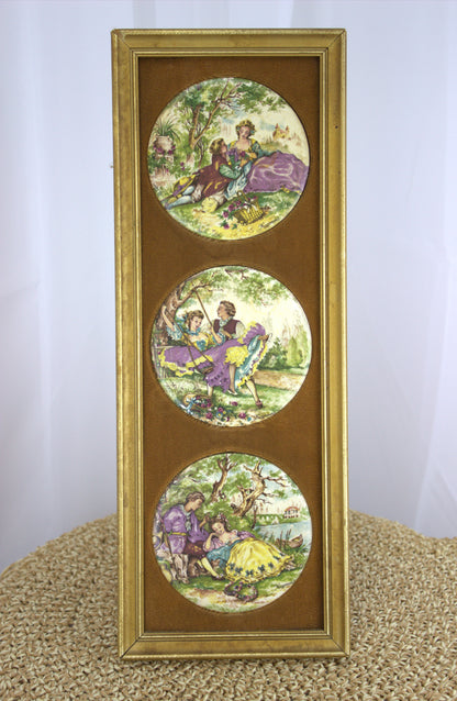 Vintage Staffordshire Fine Ceramics Wall Plaque - 3 tiles featuring courting couples