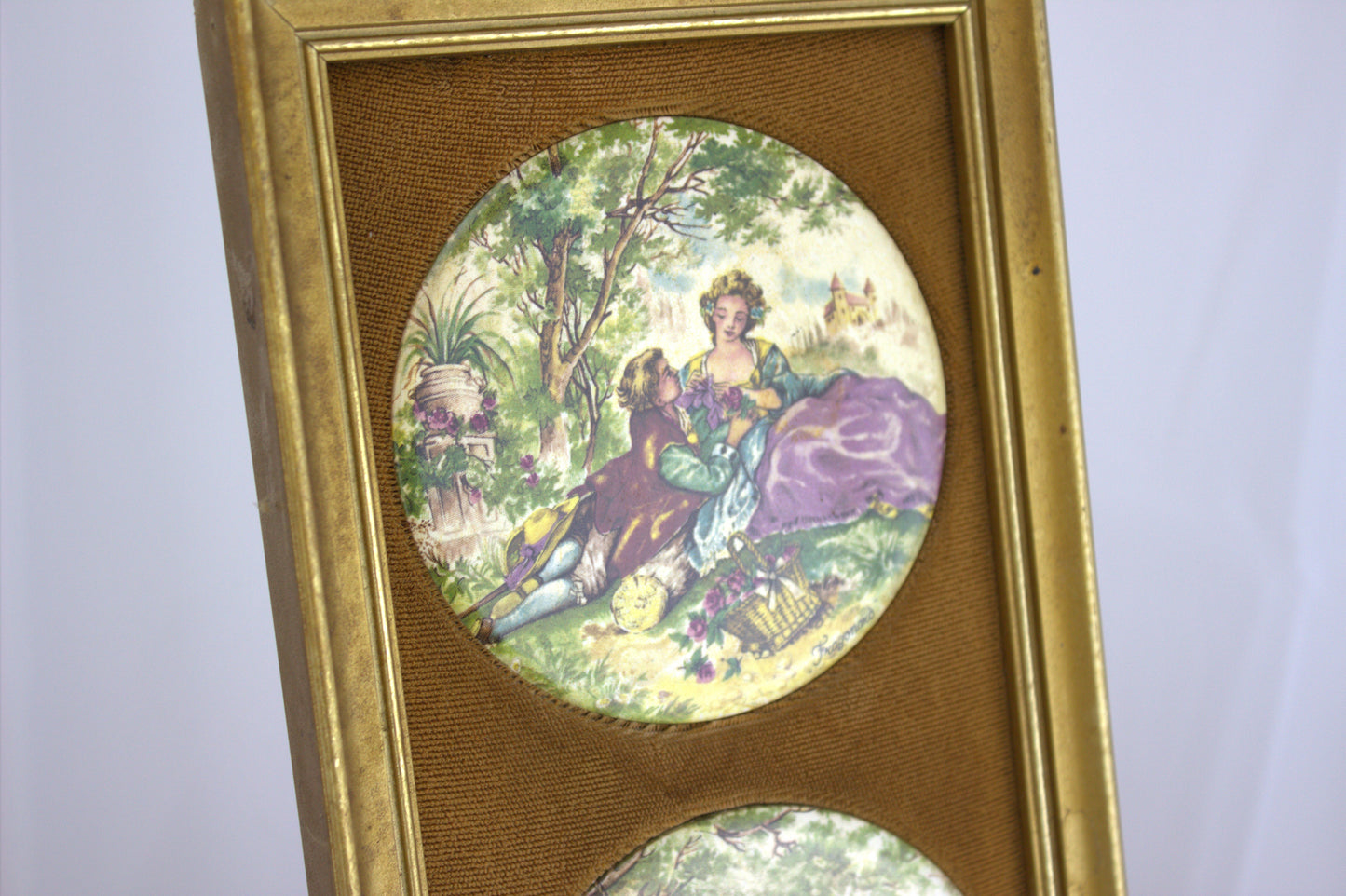 Vintage Staffordshire Fine Ceramics Wall Plaque - 3 tiles featuring courting couples