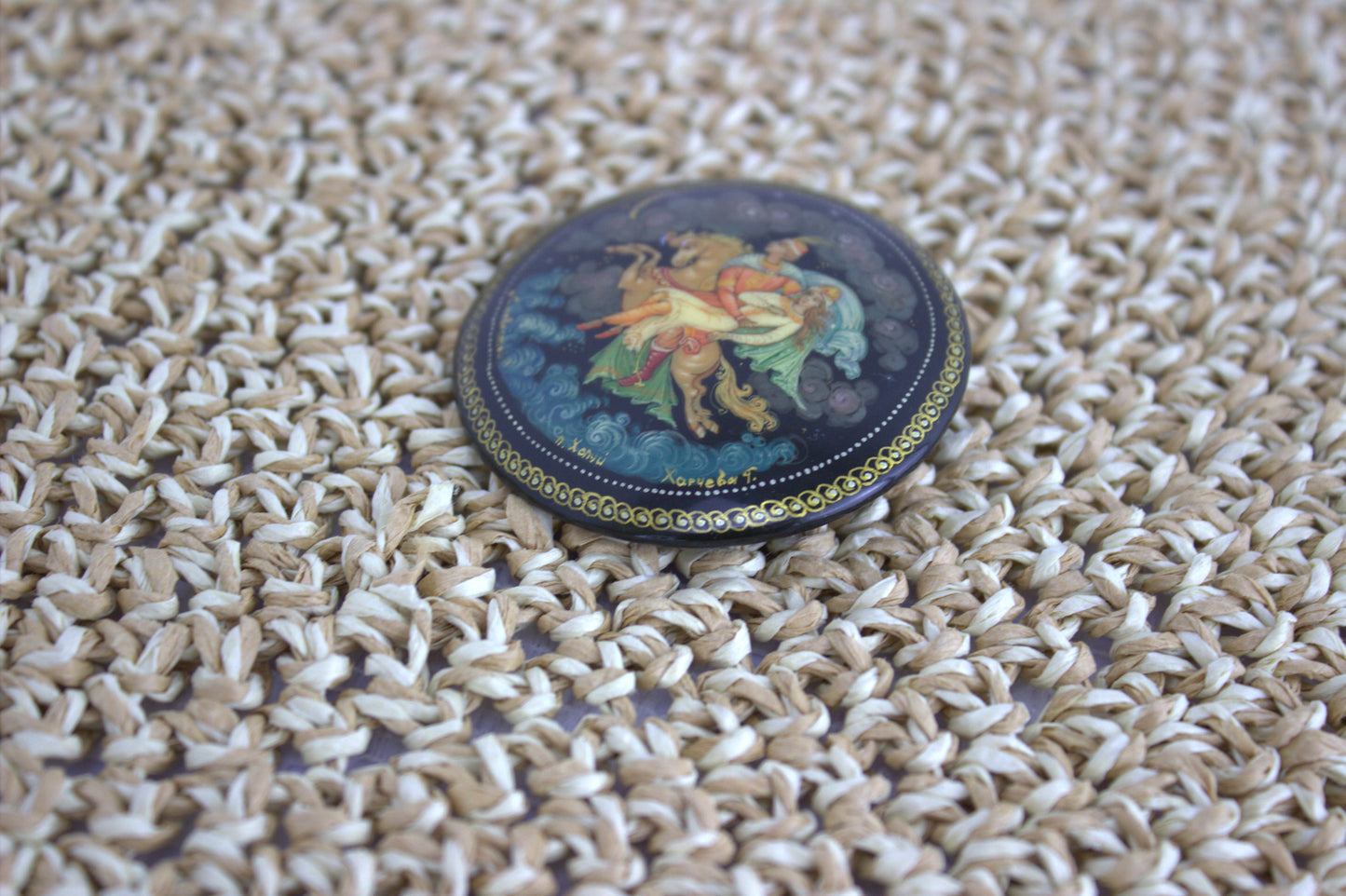 Exquisite hand-painted Russian lacquer pin