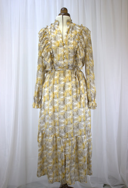 Wonderfully Unusual Vintage Geometric Print Chiffon Dress - Size 8-10