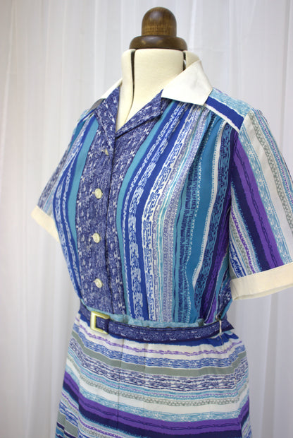 Chic Blue, White, and Purple Striped Vintage Dress - Size 16