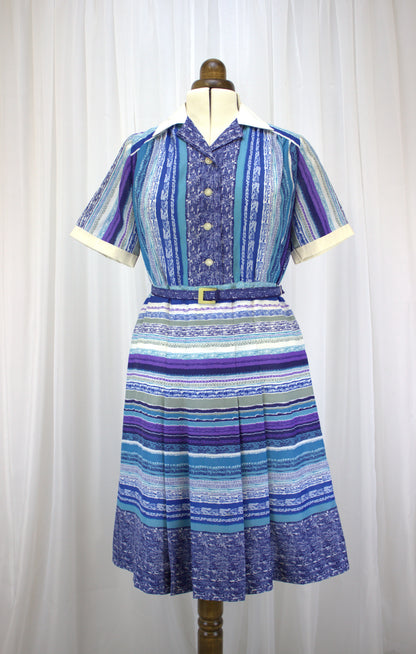 Chic Blue, White, and Purple Striped Vintage Dress - Size 16