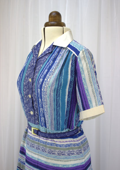 Chic Blue, White, and Purple Striped Vintage Dress - Size 16