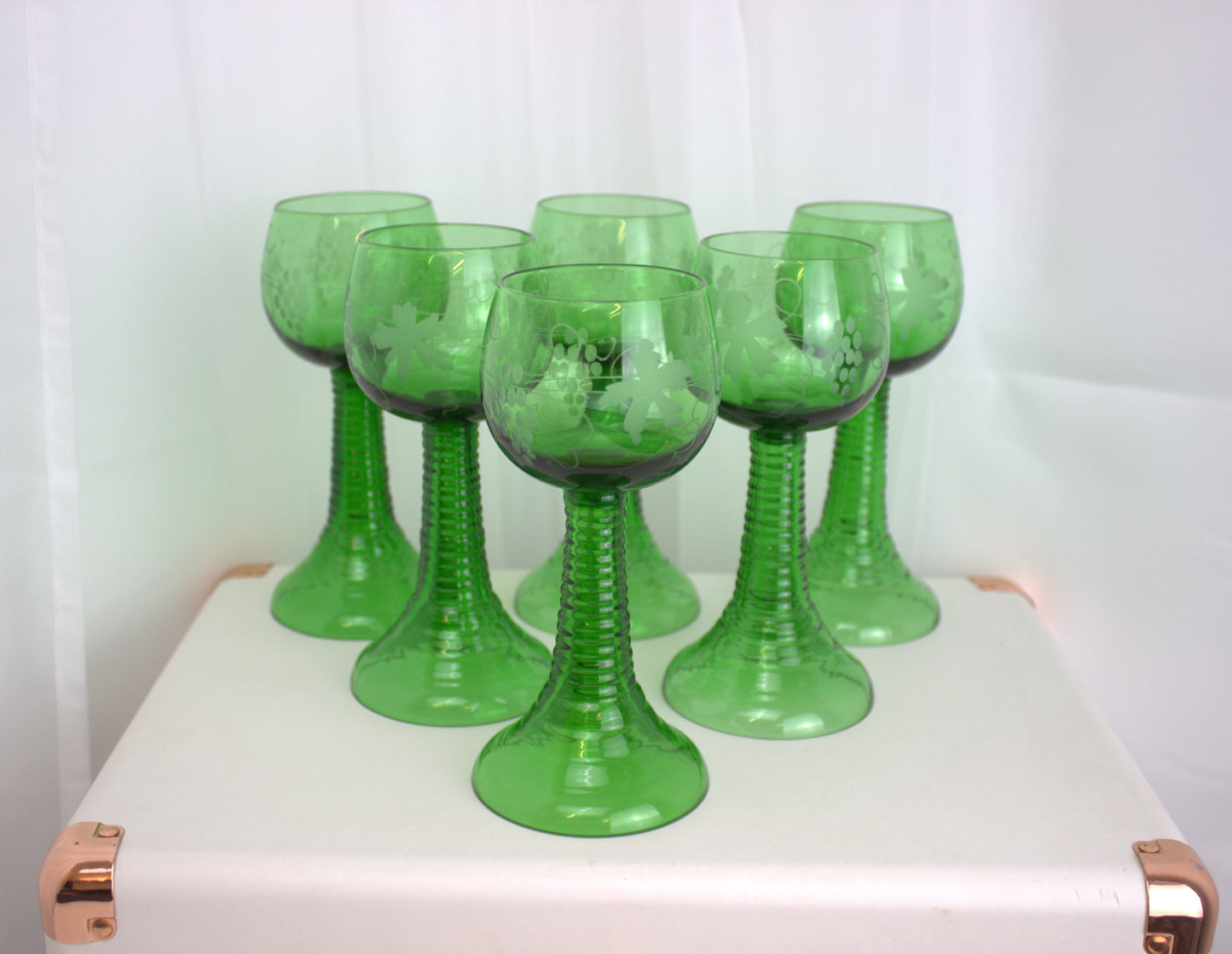 Set of 6 Vintage Etched Green Glass Goblets – Grape Motif and Ribbed Stem Design