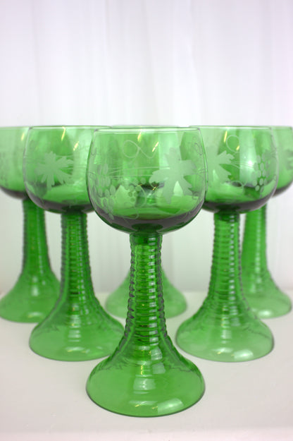 Set of 6 Vintage Etched Green Glass Goblets – Grape Motif and Ribbed Stem Design