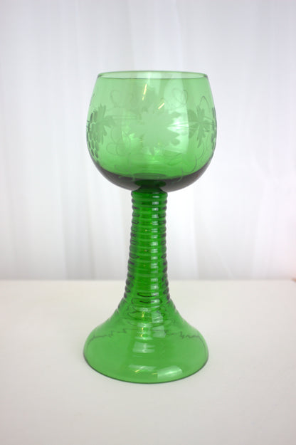 Set of 6 Vintage Etched Green Glass Goblets – Grape Motif and Ribbed Stem Design