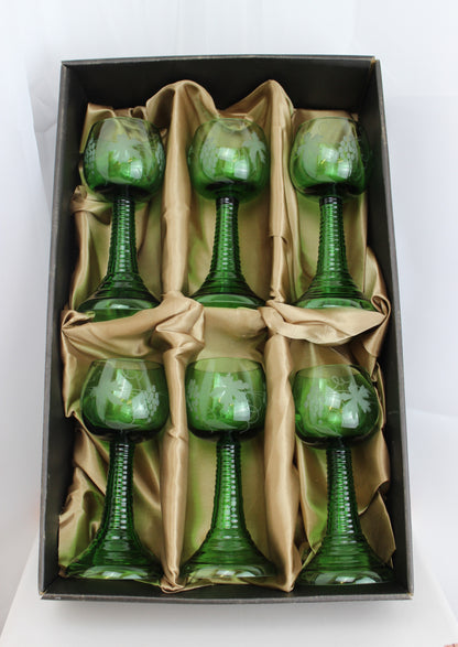 Set of 6 Vintage Etched Green Glass Goblets – Grape Motif and Ribbed Stem Design