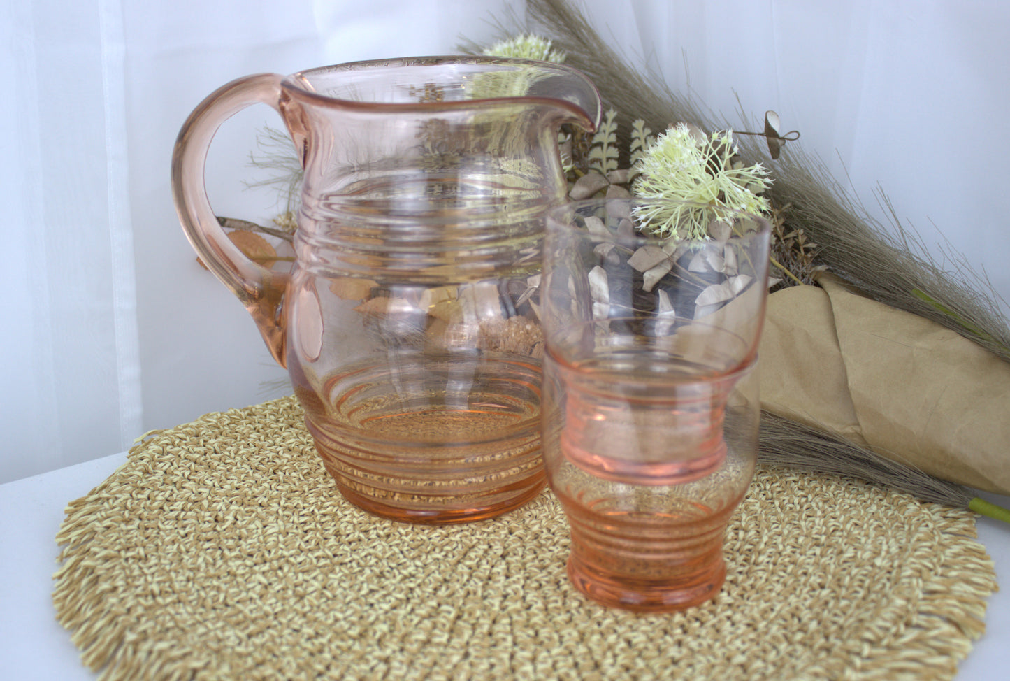 Peachy Pink Drinks Pitcher Set - Jug and 4 Glasses