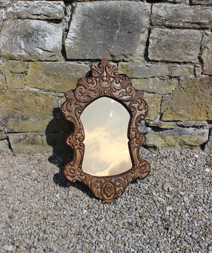 Vintage 50s Style Carved Oak Wall Mirror with Tinted Glass