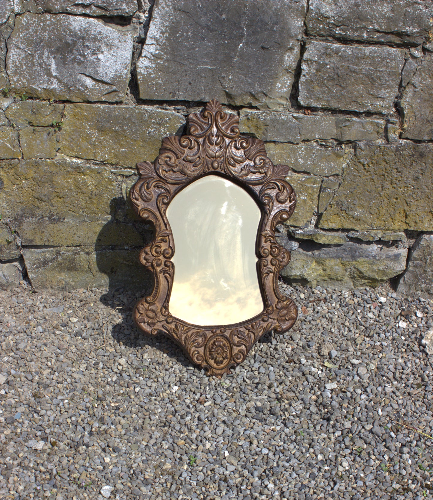 Vintage 50s Style Carved Oak Wall Mirror with Tinted Glass