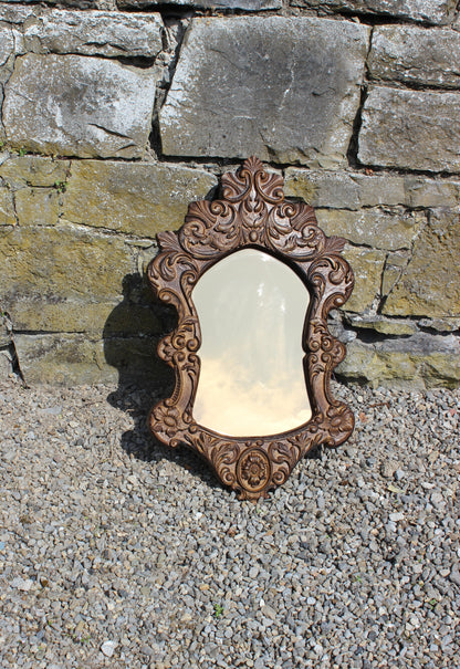 Vintage 50s Style Carved Oak Wall Mirror with Tinted Glass