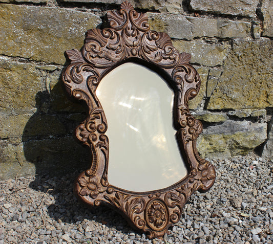 Vintage 50s Style Carved Oak Wall Mirror with Tinted Glass