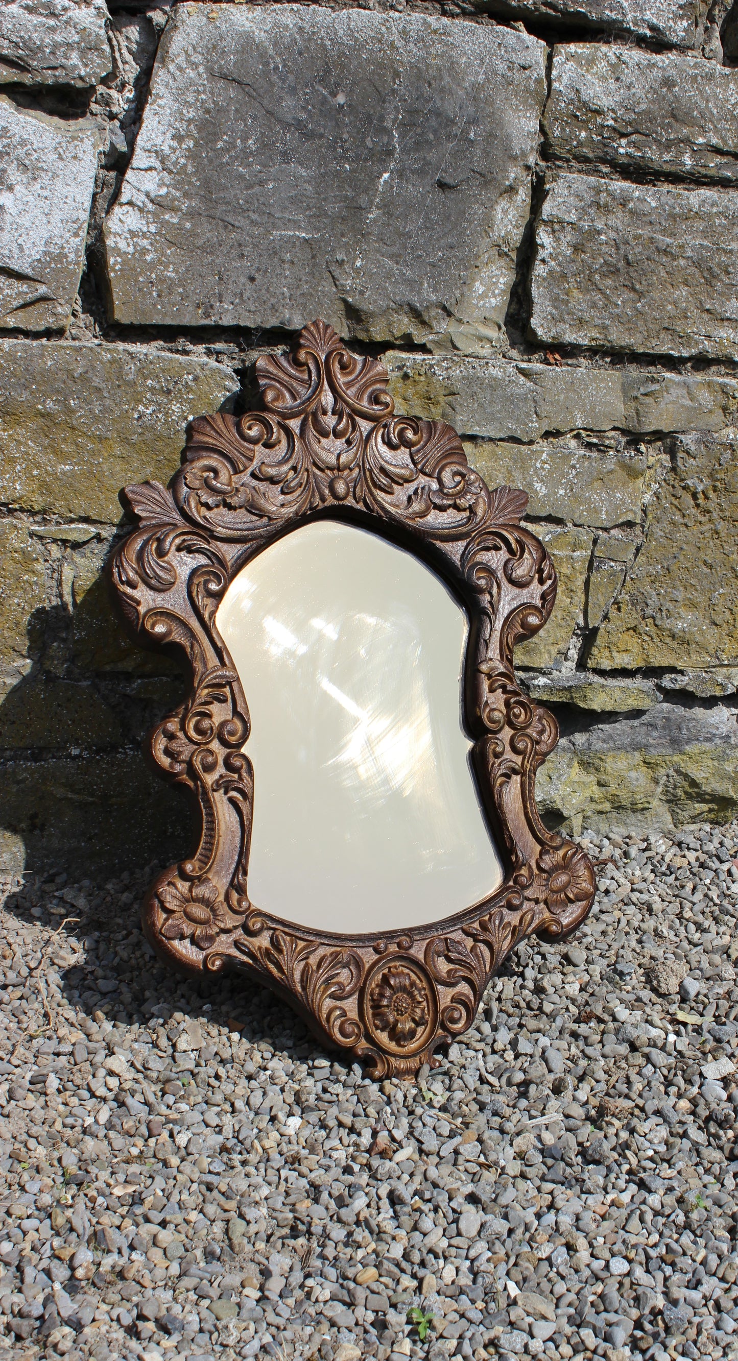 Vintage 50s Style Carved Oak Wall Mirror with Tinted Glass