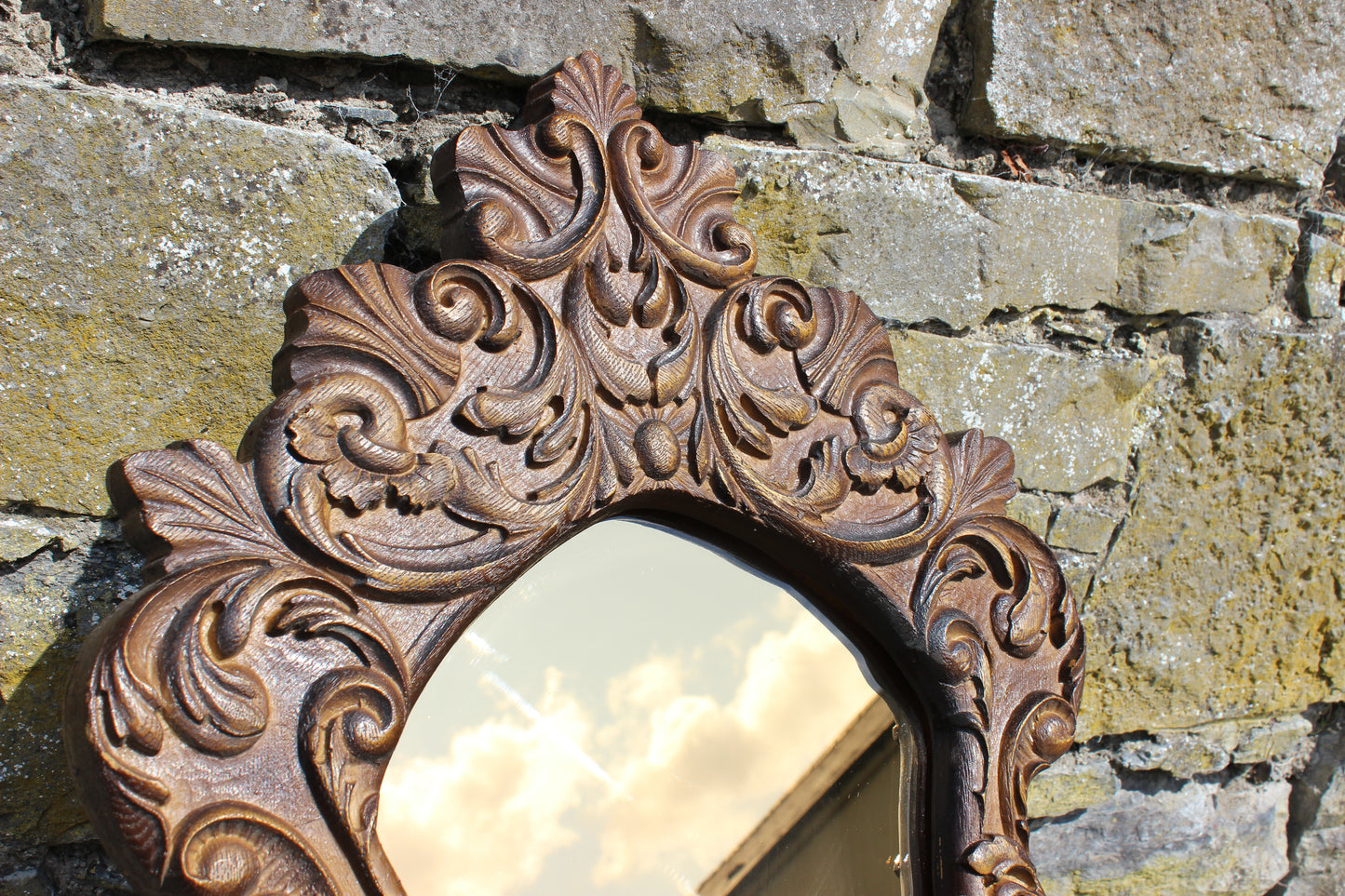 Vintage 50s Style Carved Oak Wall Mirror with Tinted Glass