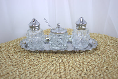 Vintage Crystal Salt, Pepper, and Mustard Set with Silver Tray – Elegant Tabletop Trio