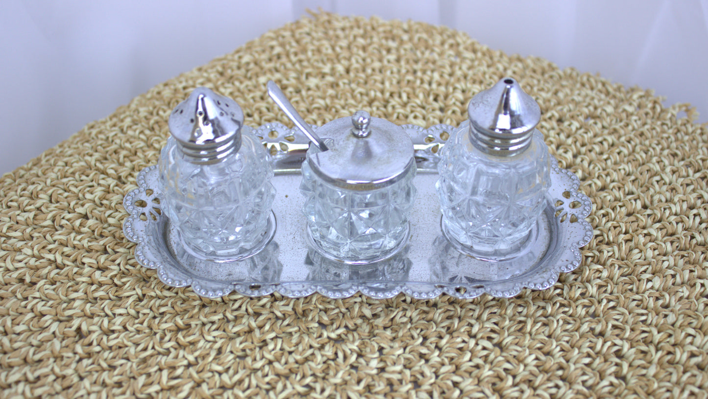 Vintage Crystal Salt, Pepper, and Mustard Set with Silver Tray – Elegant Tabletop Trio