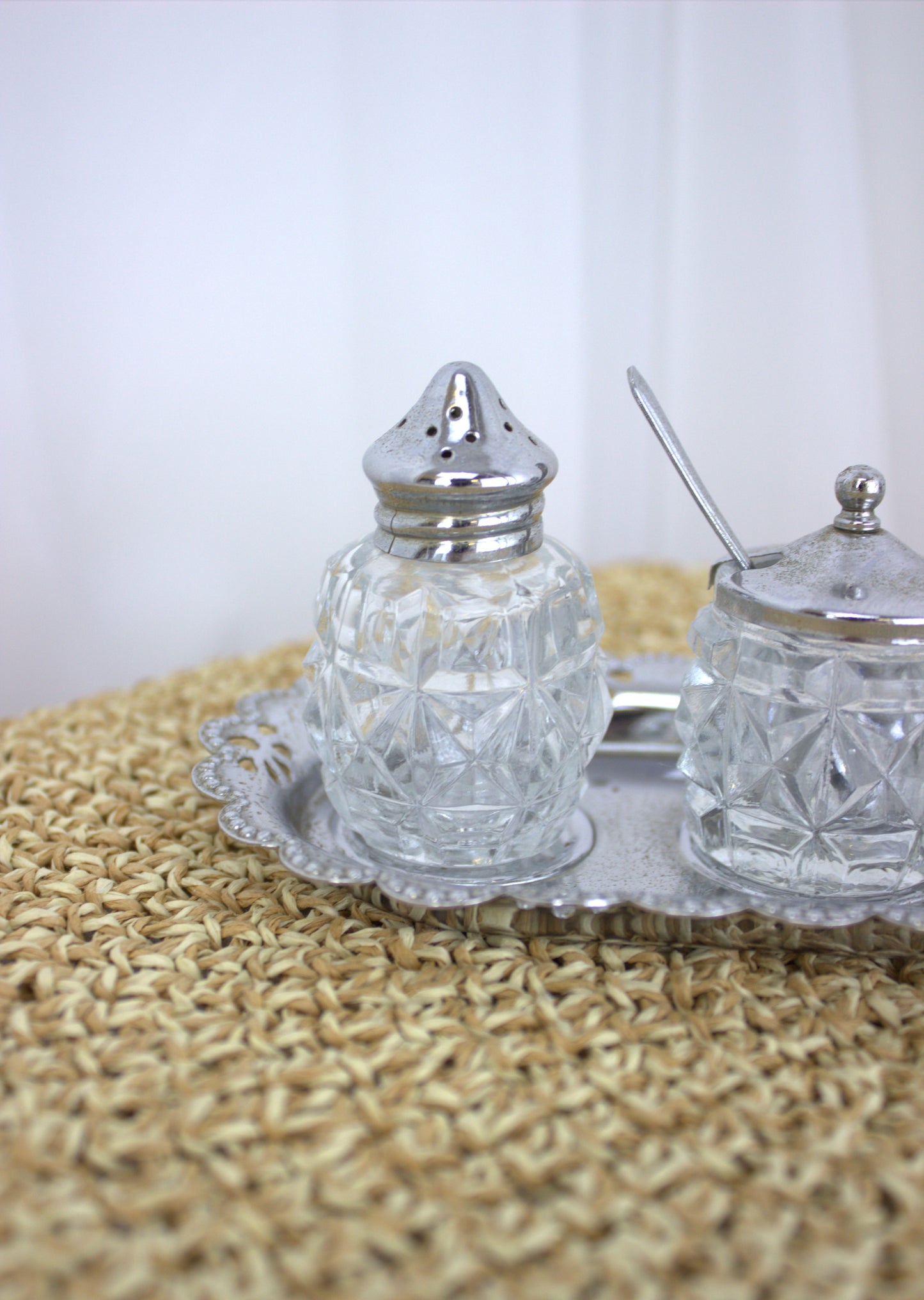 Vintage Crystal Salt, Pepper, and Mustard Set with Silver Tray – Elegant Tabletop Trio