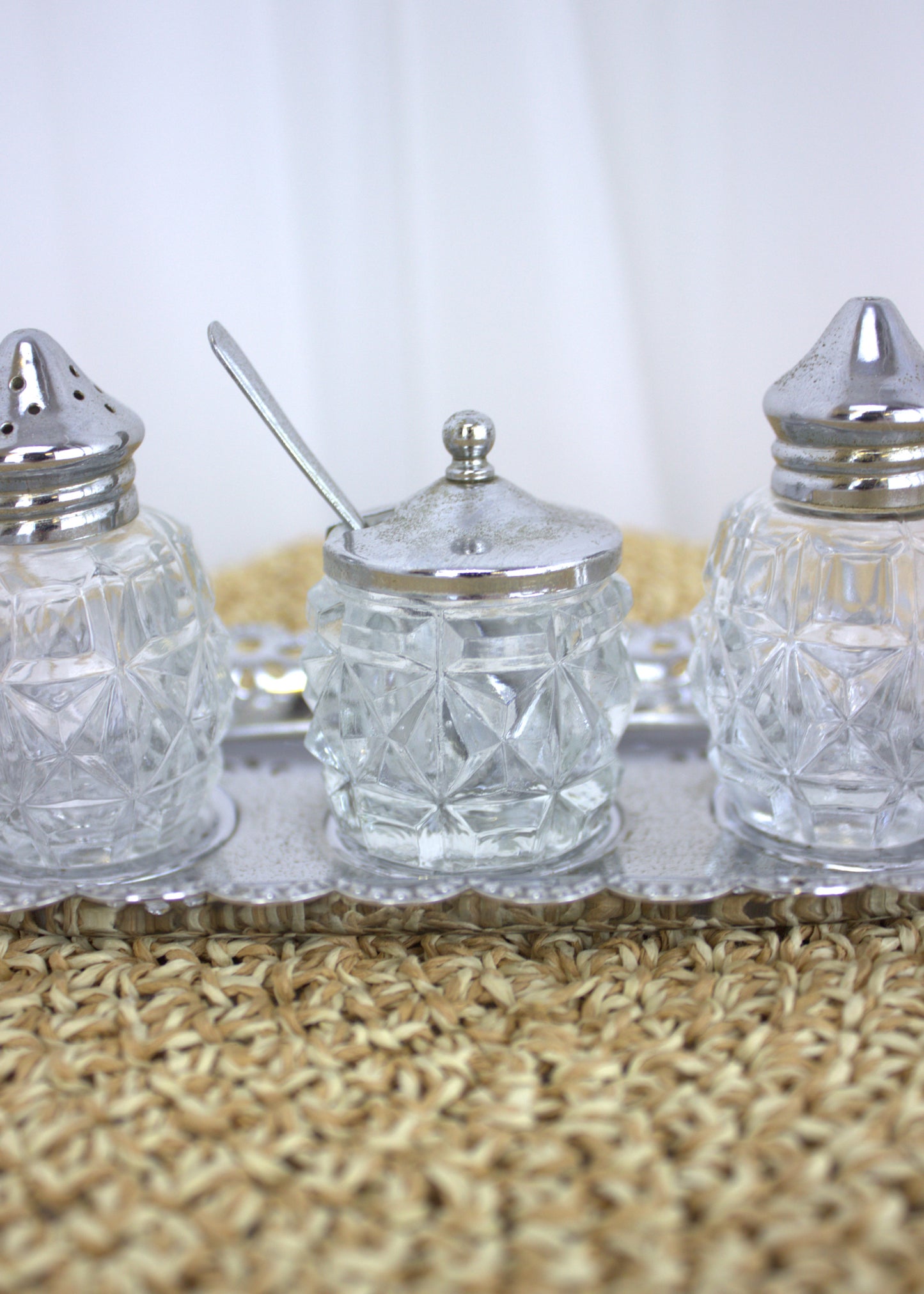 Vintage Crystal Salt, Pepper, and Mustard Set with Silver Tray – Elegant Tabletop Trio