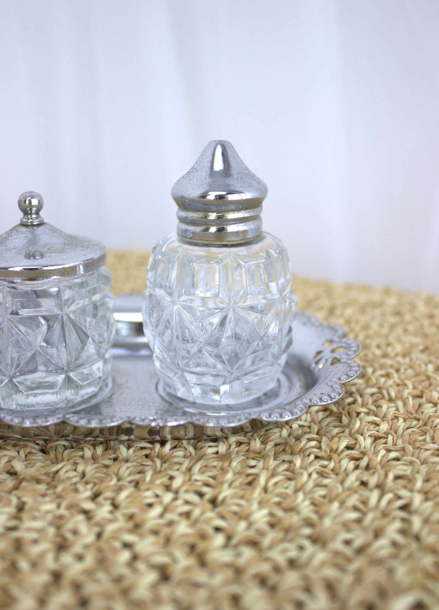 Vintage Crystal Salt, Pepper, and Mustard Set with Silver Tray – Elegant Tabletop Trio