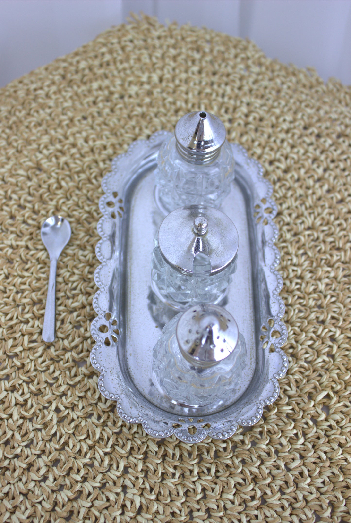 Vintage Crystal Salt, Pepper, and Mustard Set with Silver Tray – Elegant Tabletop Trio