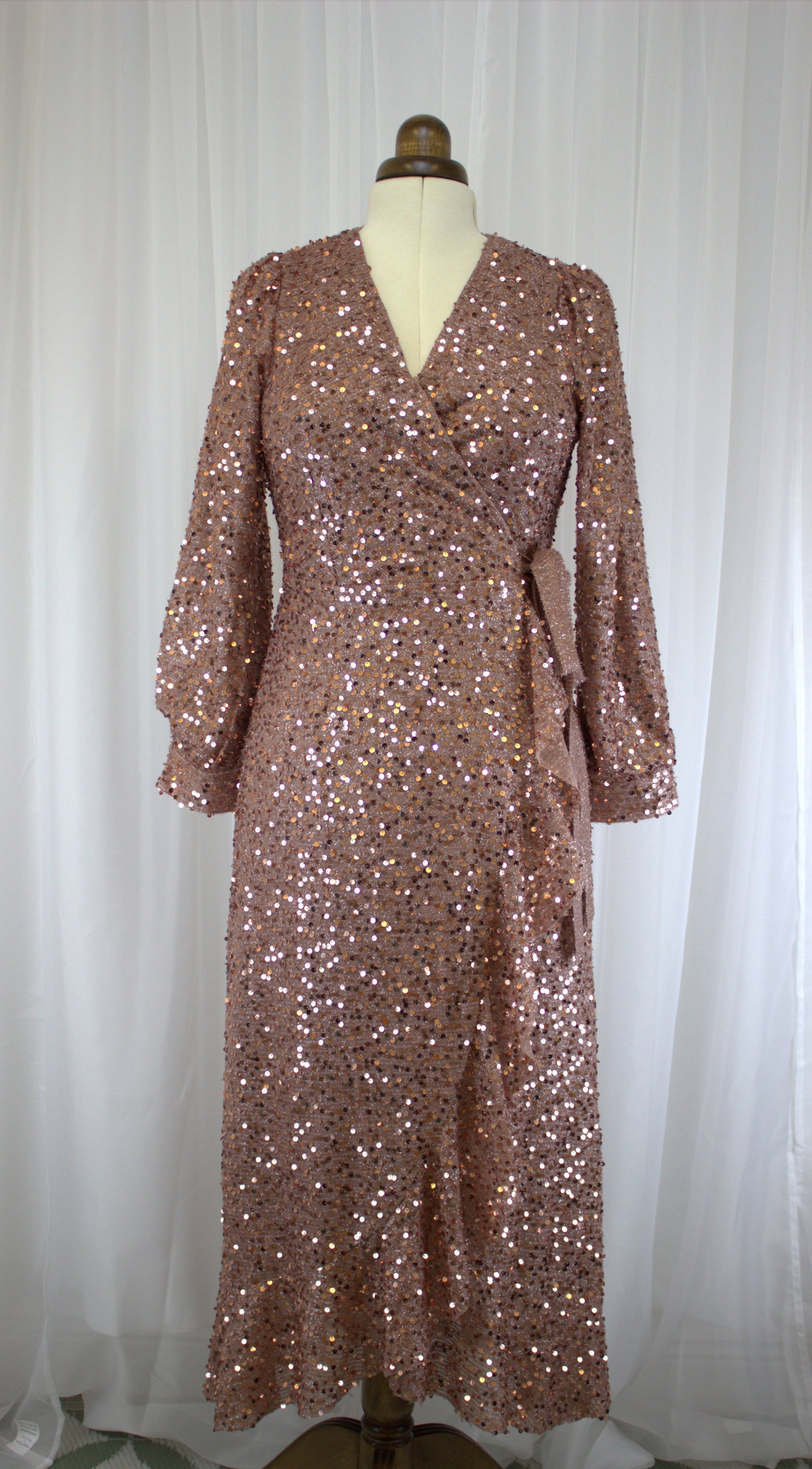 Rose Gold Sequin Wrap Dress - Size S - will fit 8-10