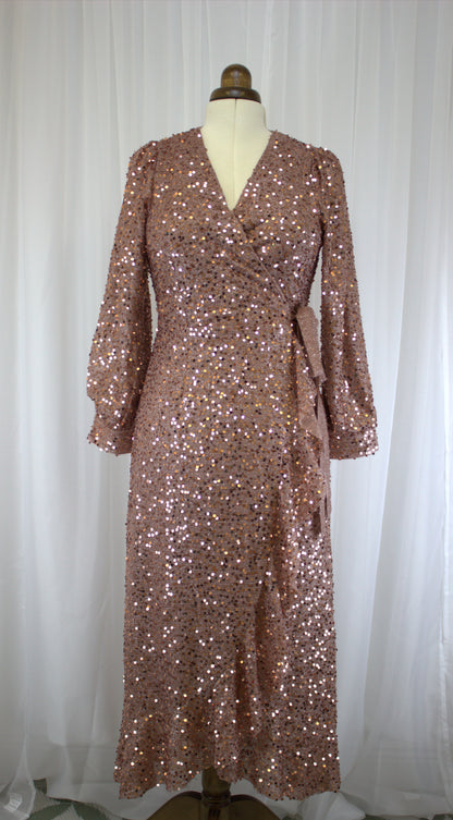 Rose Gold Sequin Wrap Dress - Size S - will fit 8-10