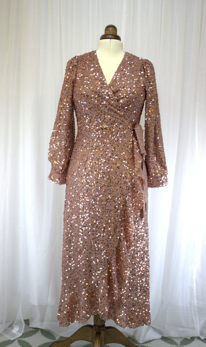 Rose Gold Sequin Wrap Dress - Size S - will fit 8-10