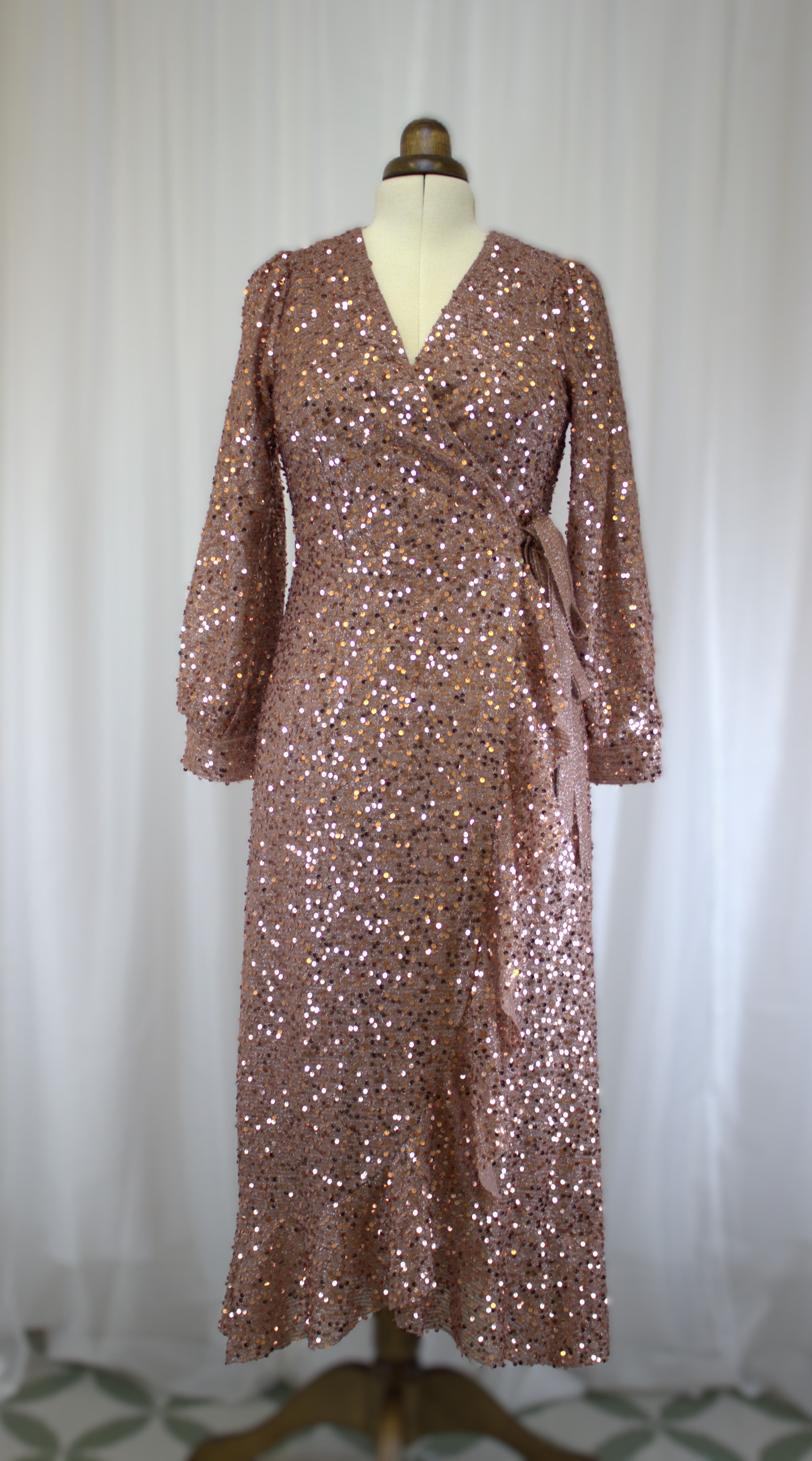 Rose Gold Sequin Wrap Dress - Size S - will fit 8-10 – MrsKVintage