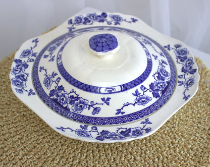 Vintage Tureen with Delicate Blue & White Floral Pattern – Unique Shape, Well-Loved & Full of Character