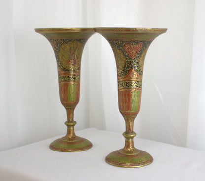 Exquisite Pair of Vintage Brass and Enamel Vases - Beautifully Handcrafted