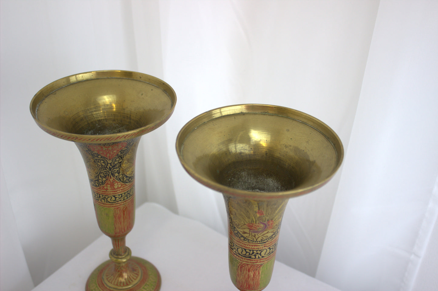 Exquisite Pair of Vintage Brass and Enamel Vases - Beautifully Handcrafted