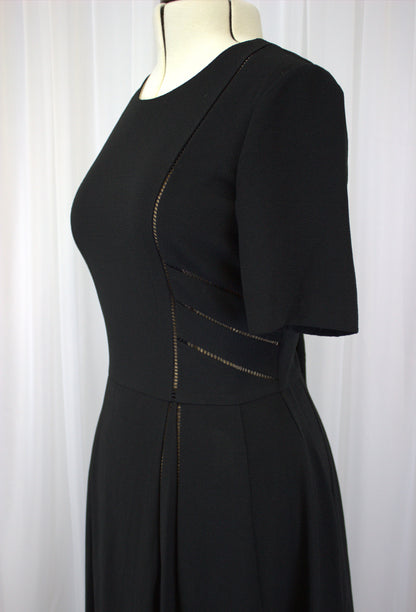 Elegant Fit-and-Flare Little Black Dress with Subtle Mesh Details – Size 14, Vintage-Inspired Chic