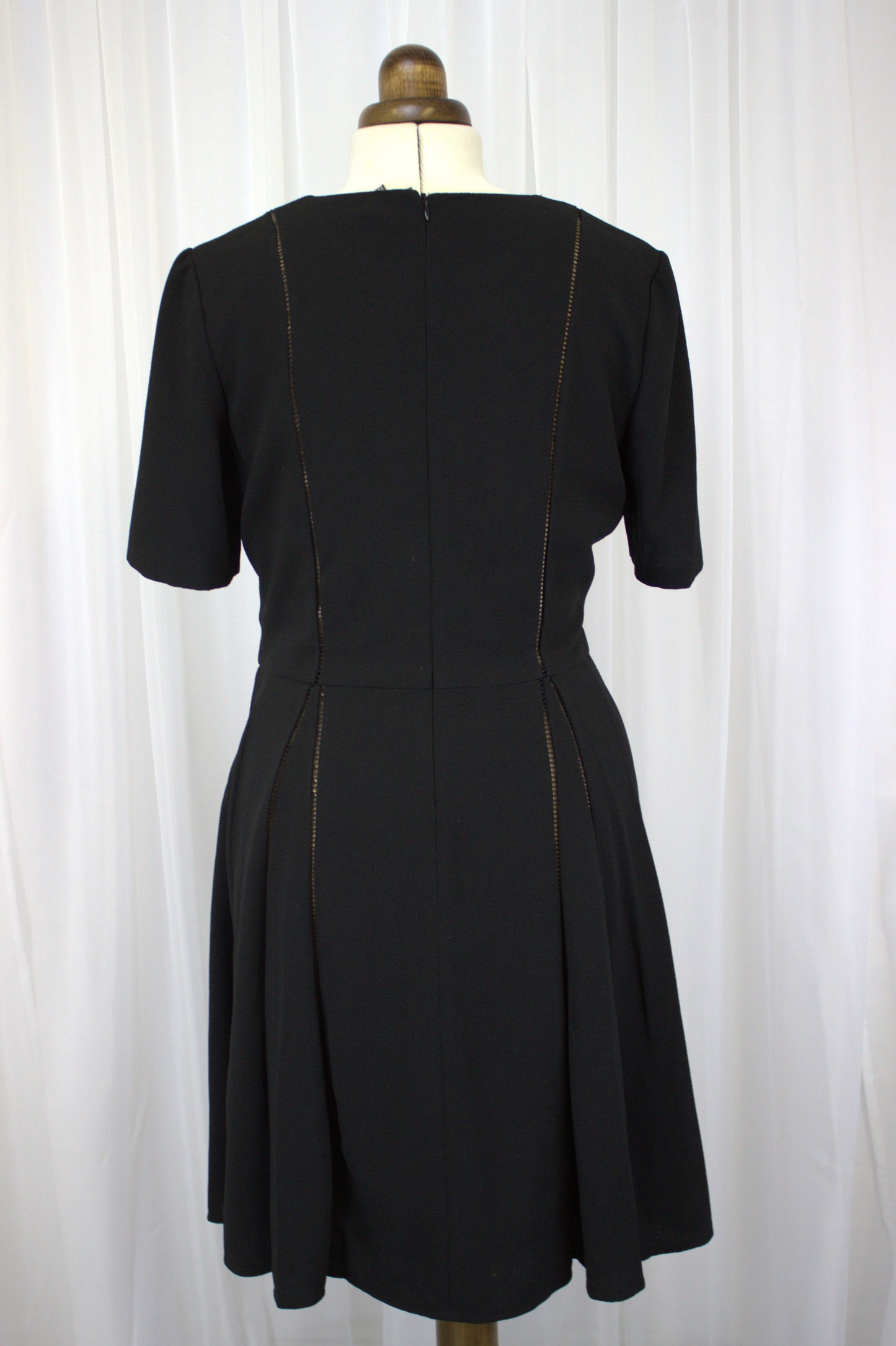 Elegant Fit-and-Flare Little Black Dress with Subtle Mesh Details – Size 14, Vintage-Inspired Chic