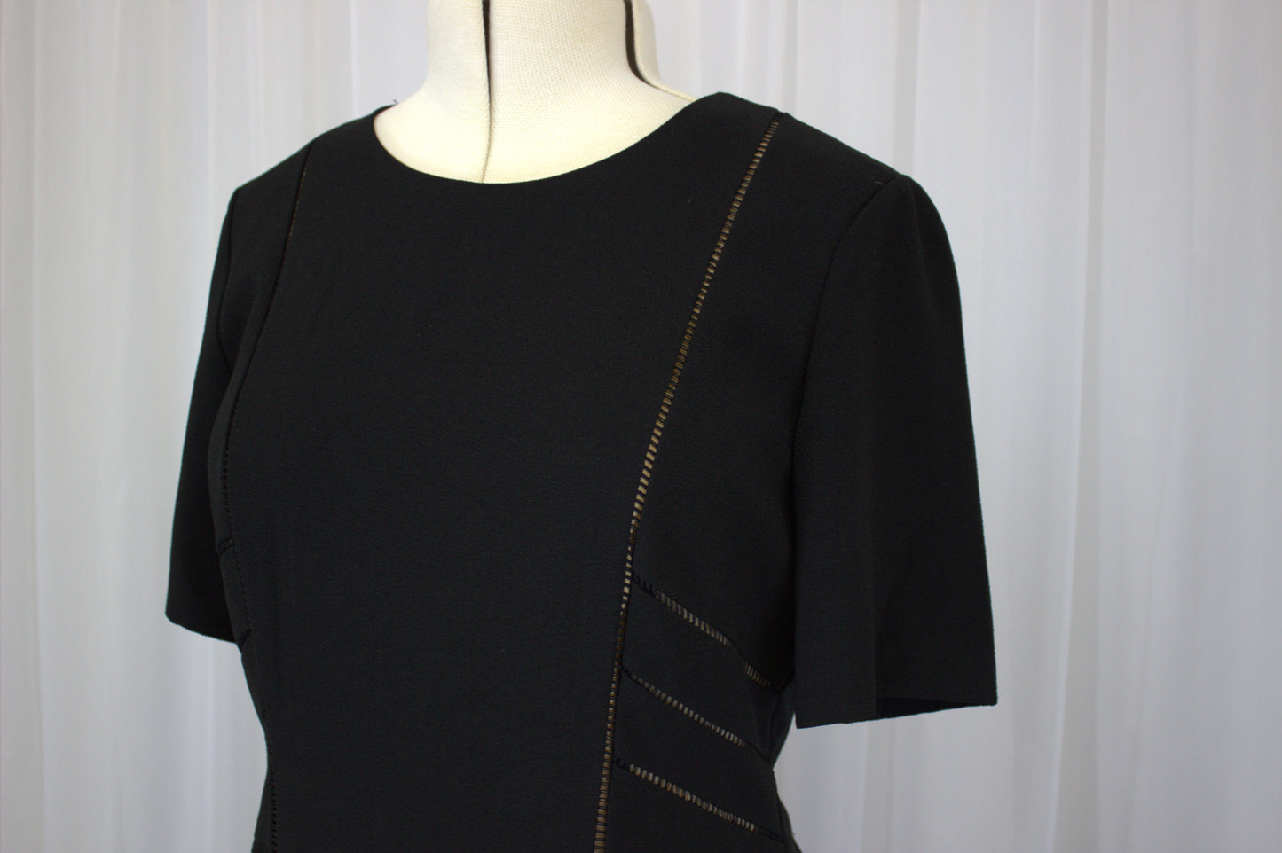 Elegant Fit-and-Flare Little Black Dress with Subtle Mesh Details – Size 14, Vintage-Inspired Chic