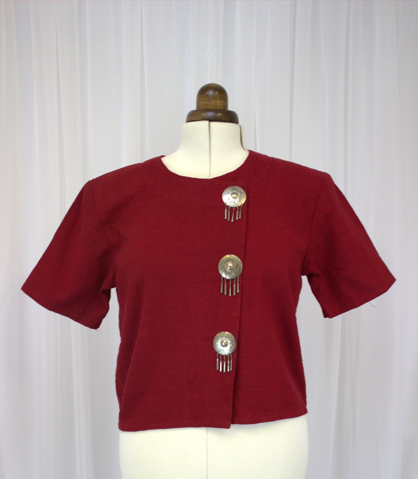 Vintage Charm Red Thai Blazer with Ceremonial Buttons - Size 12-14