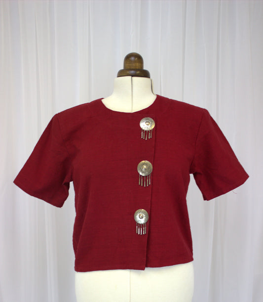 Vintage Charm Red Thai Blazer with Ceremonial Buttons - Size 12-14